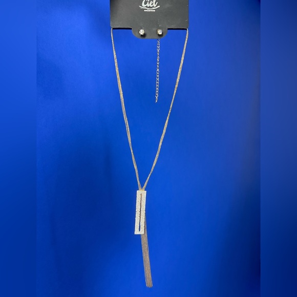 Gold Bejeweled Tassel Necklace & Studs - Picture 1 of 5